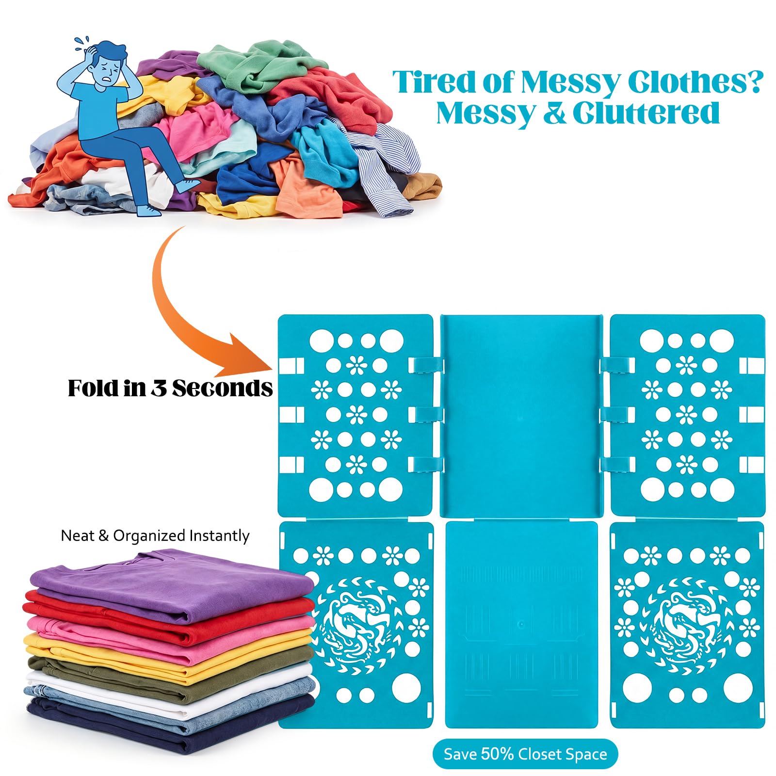 Faltbrett Kleidung, Wäschefaltbrett aus PP, Kleiderfalter für T-Shirts, Hemden, Hosen und Pullover, zusammenklappbare Wäsche Falthilfe für Erwachsene und Kinder, 68 x 58 cm, Nordisch Blau