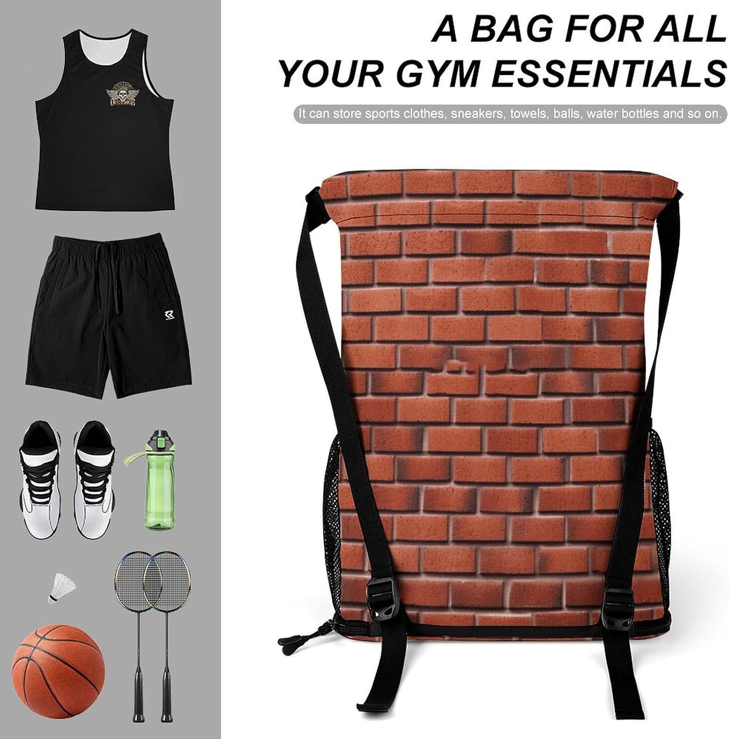 Red Brick Wall Drawstring Backpack with Wet Pocket - Large Capacity Gym Bag with Shoe Compartment & Mesh Pockets, Adjustable Lightweight Gym Backpack for Swimming, Travel, Workout