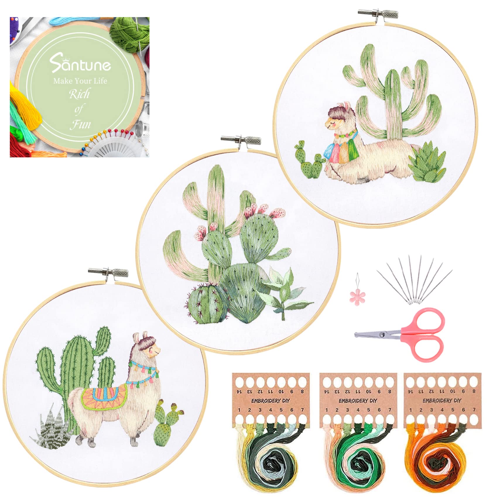 Santune 3 Sets Embroidery Starter Kit with Pattern and Instructions, Cross Stitch Set, Stamped Embroidery Kits with 3 Embroidery Clothes with Pattern, 1 Embroidery Hoops (Sheep-Cactus)