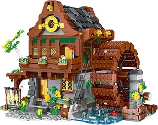 Beberlu Retro Wood Cabin Building Blocks Kit, Medieval Water Mill Building Bricks Toys European Architecture House Model Idea Gifts Home Decoration for Teens Adult 2312 PCS