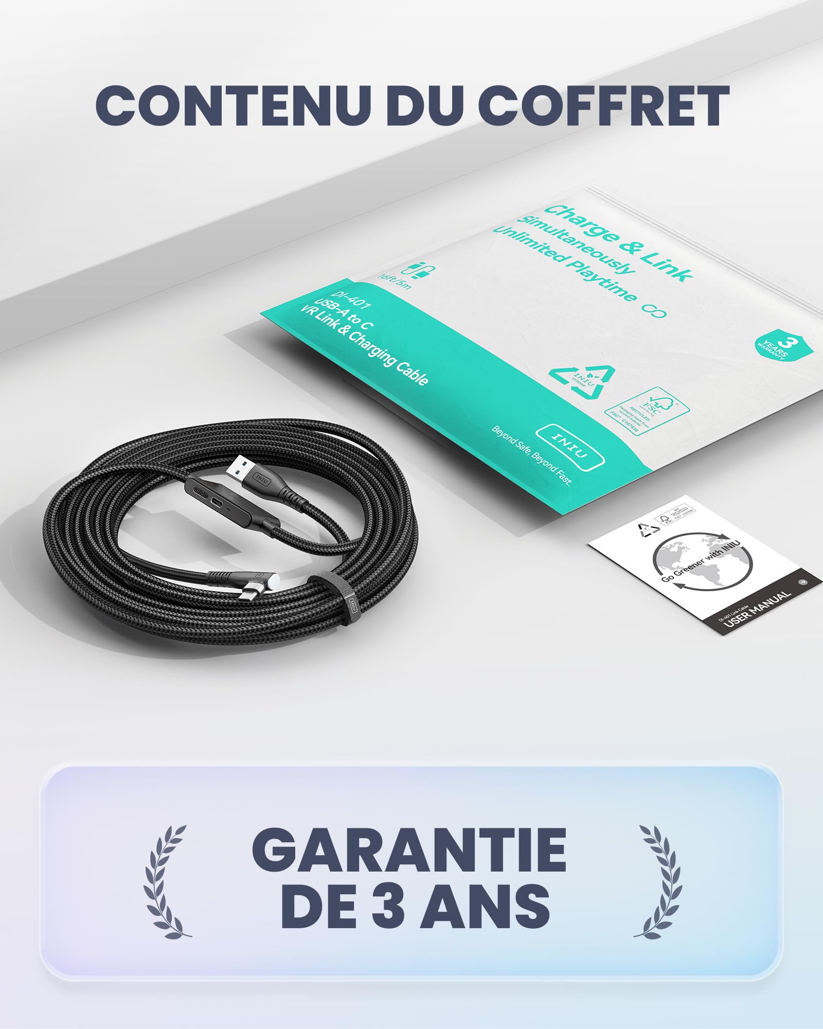 INIU Câble Link 5m, Compatible avec Meta Oculus Quest 3s Quest 3 2 1 Quest Pro, Pico 4 Accessoire et PC Steam VR, Câble de liaison USB 3.0 haute vitesse de transfert de données USB C
