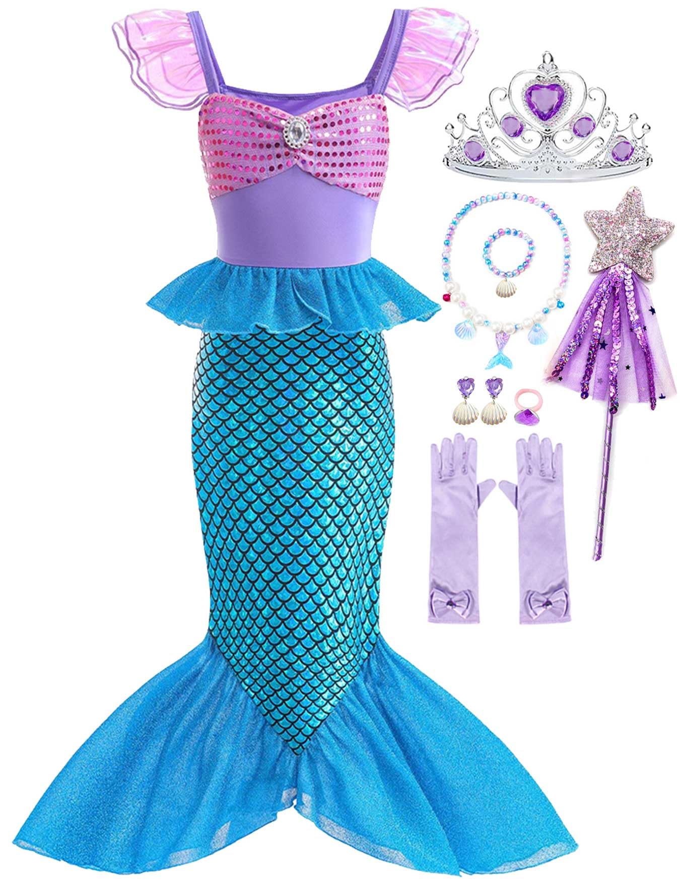 Luzlen Little Girls Mermaid Princess Costume Sequins Party Dress for Toddler Kids Baby Halloween Dress Up with Accessories