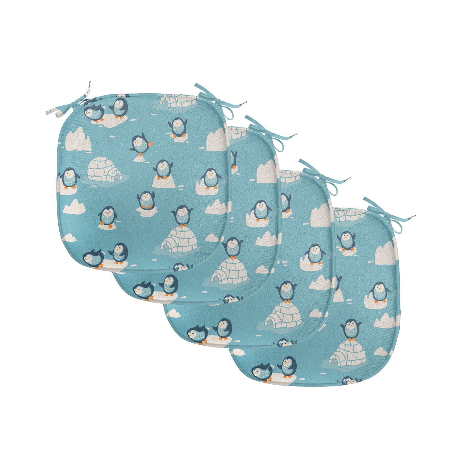 Lunarable Aquatic Chair Seating Cushion Set of 4, Little Penguins on Icebergs, Anti-Slip Seat Padding for Kitchen & Patio, 16