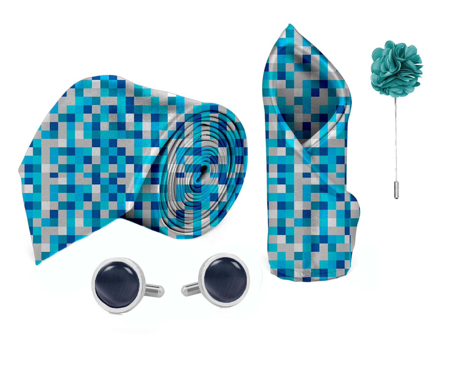 blacksmith Blue Water Checks Printed Tie, Pocket Square, cufflink & Lapel Pin Set for Men-picture-16