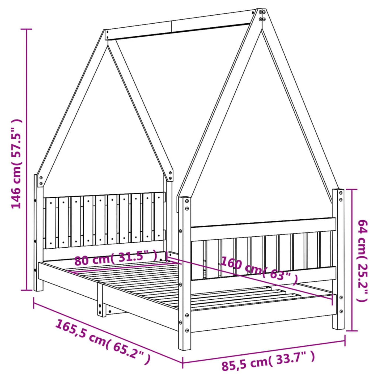 Holz Kinderbett Hausform | Massives Kiefernholz | 80x160 cm Matratze | Für Kinder ab 4 Jahren Model834504