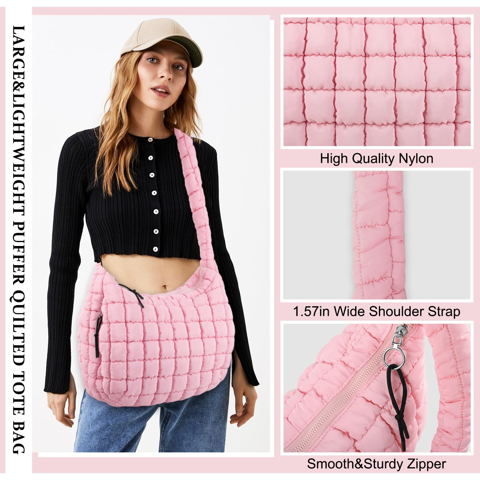 Bolso de mano acolchado tipo hobo de nailon ligero para mujeres y niñas