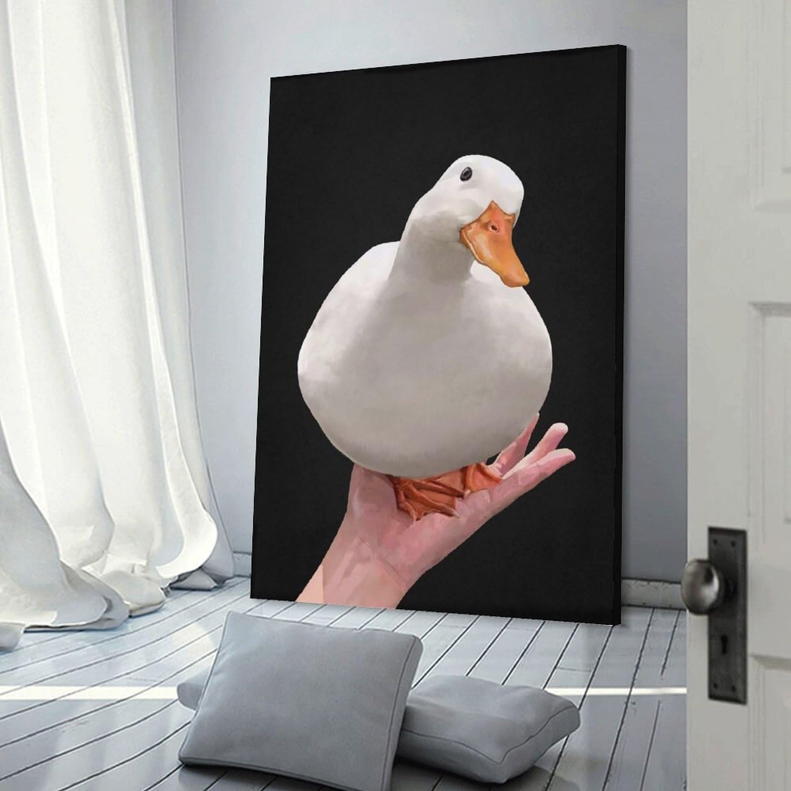 Junmoney Duck on Palm Meme Decorative Wall Artwork 24x36inch(60x90cm), for Living Room, Lounge Or Sitting Room, A Home Accent with Warm Character