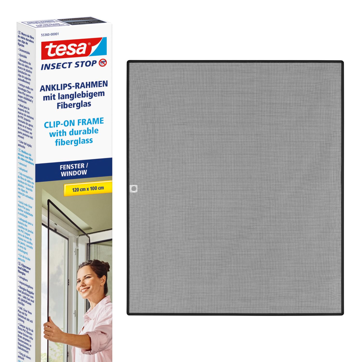 tesa INSECT STOP Clip-on Frame Fly Screen for Window - marco ajustable, malla de fibra de vidrio, clips adhesivos, antracita - 100 x 120 cm