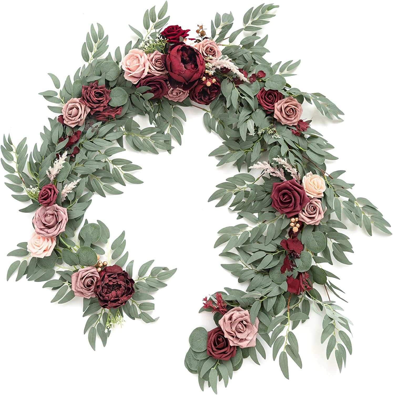 Künstliche Eukalyptus-Girlande mit Blumen, 1,8 m, künstliche Blumenranke, Weinrot