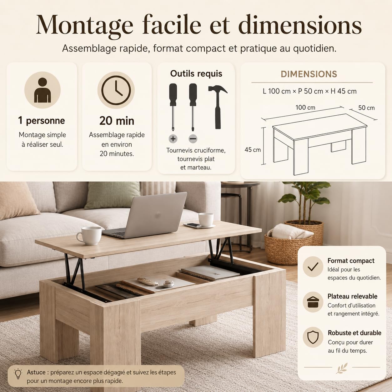 Table Basse relevable Bois Clair. 100 x 45 x 50 cm. Table de Salon avec Compartiment Moderne. Table Basse avec Plateau relevable
