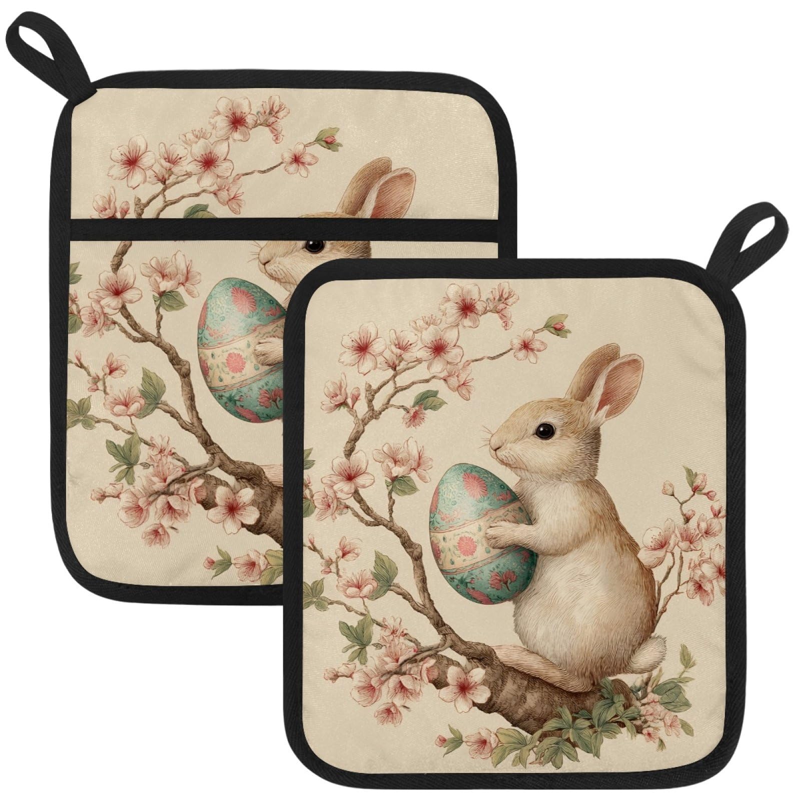 VAPOKF Bunny Cherry Blossom Kitchen Hot Pot Holder, Pot Holders Heat Resistant Pot Holder with Pocket Heat Resistant Trivets for Hot Pans Cotton Pot Mitts for Kitchen Cooking Baking