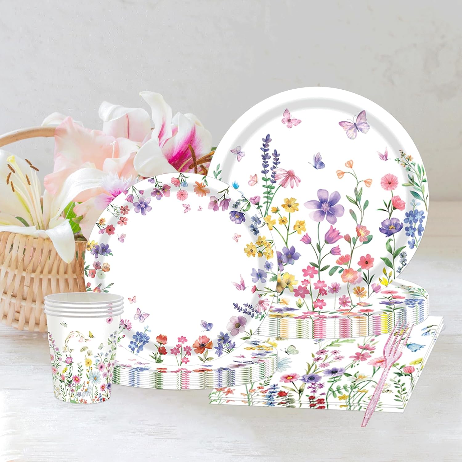 195 PCS Wildflower Party Decorations & Supplies Complete Kit for 24 Guests - Includes Banner, Swirls, Plates, Cups, Napkins, Tablecloth, Cutlery - Floral Baby Shower Birthday Party