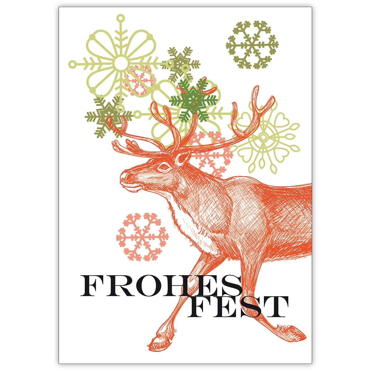 20er Weihnachtskarten Set Elegante Weihnachtskarten mit Umschlägen mit rotem Hirsch zwischen Schneeflocken, personalisierbarer Innendruck (Var3) Weihnachts Glückwünsche: Frohes Fest