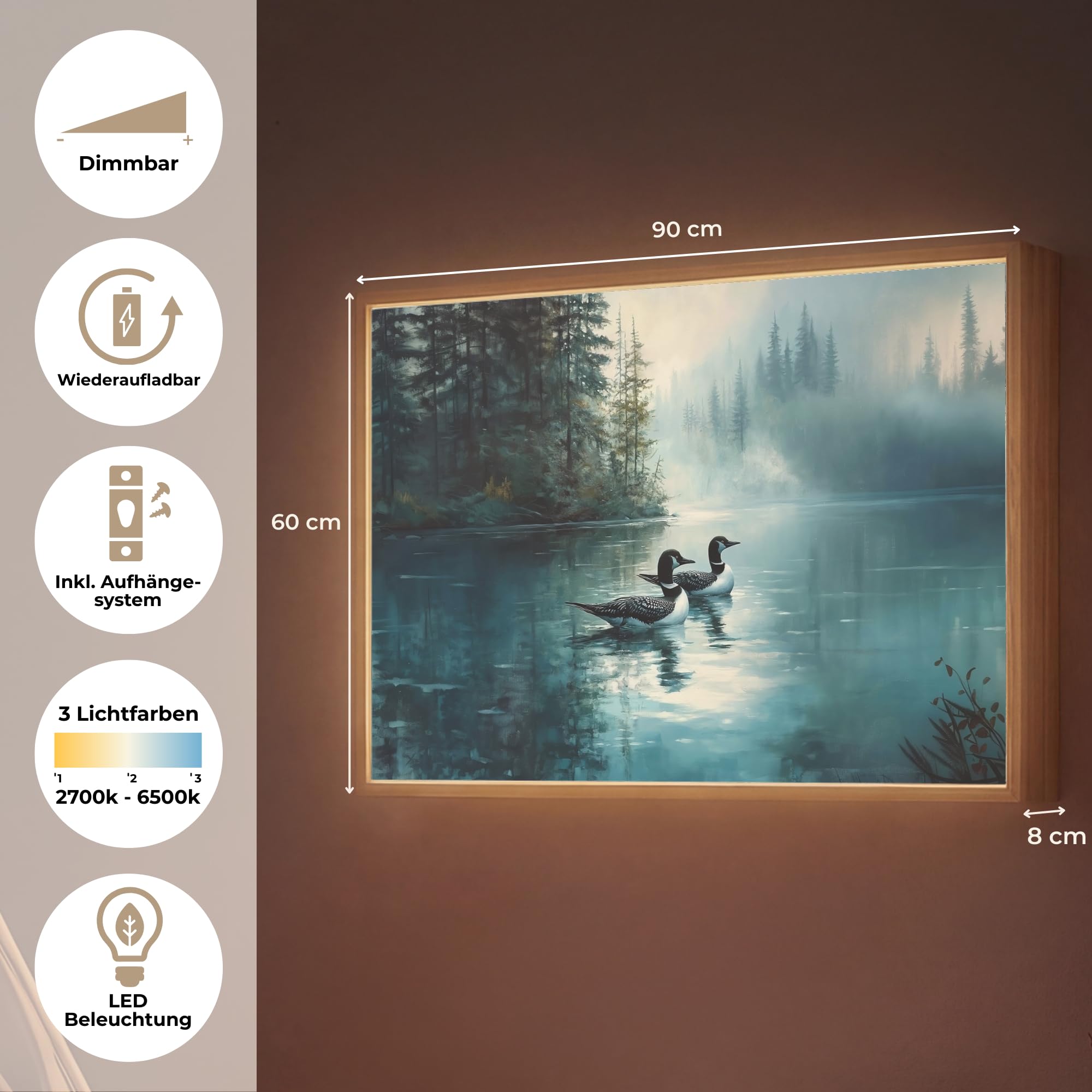 Moderne LED Wandleuchte Innen 90x60 cm Aufladbar Wandbeleuchtung Schlafzimmer Nachtlampe Flach Fernbedienung Warmes Still Licht Dimmbare Lampe Wald - Wasser - Enten - Neblig