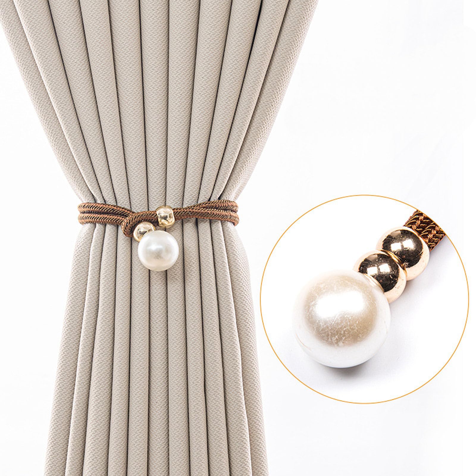 SZYDACT 2 PCS Curtain Tiebacks Adjustable Big Pearl Curtain Ties Rope for Home Bedroom Office Decorative No Punching Required Curtain Holdback Tiebacks