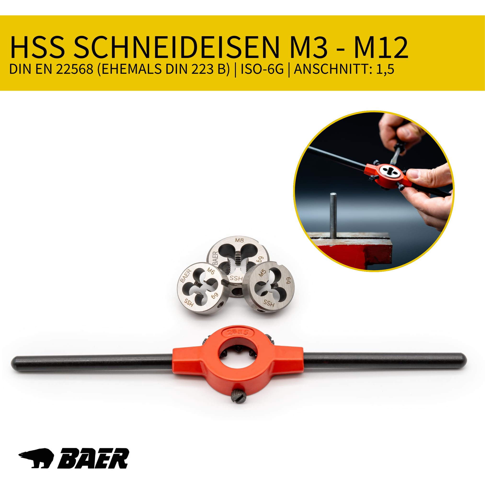 BAER Gewindeschneider Set 30-tlg. M3–M12 HSS-G | Handgewindebohrer + Schneideisen DIN 352/DIN 13 | Windeisen & Schneideisenhalter in Metallkassette | Profi Gewindeschneidsatz Innen- & Außengewinde