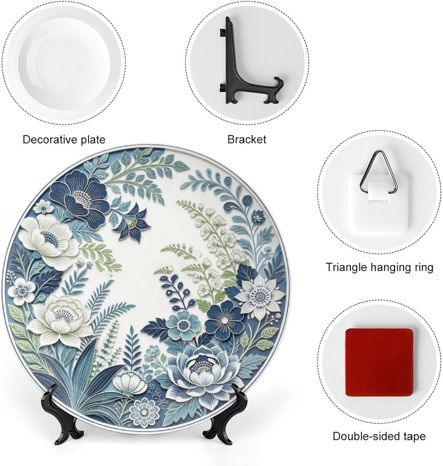 3D Floral Blue And White Bone China Wall Plate Home Accent Dining Room Bone China Decorative Plate, 8inch Wall Art Home Decor