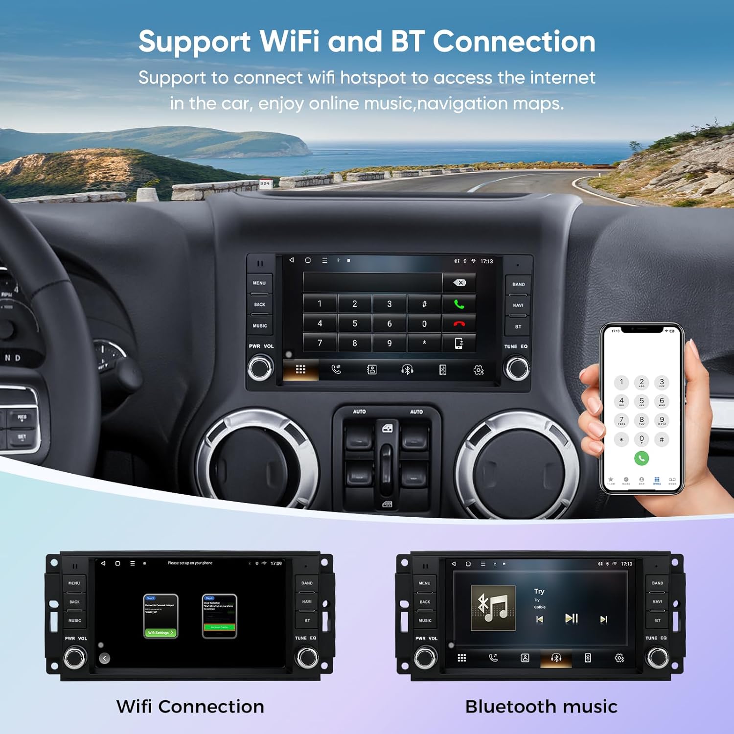 Car stereo displaying WiFi connection and Bluetooth music interfaces
