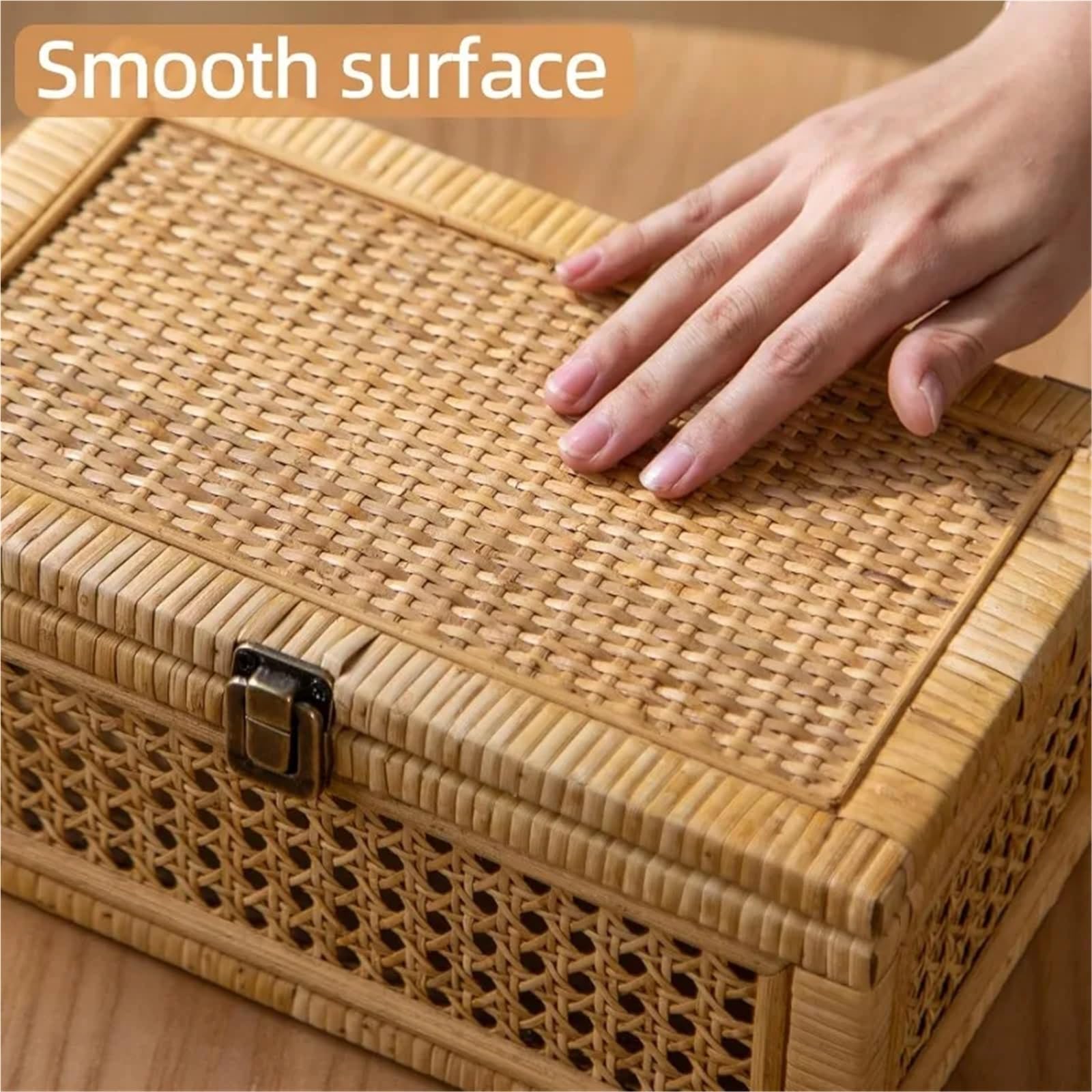 Cesta in rattan Scatola decorativa in rattan, scatole espositive con coperchio, set di 2 cestini portaoggetti rettangolari in vimini, contenitori in canna intrecciata(Round-Brown)