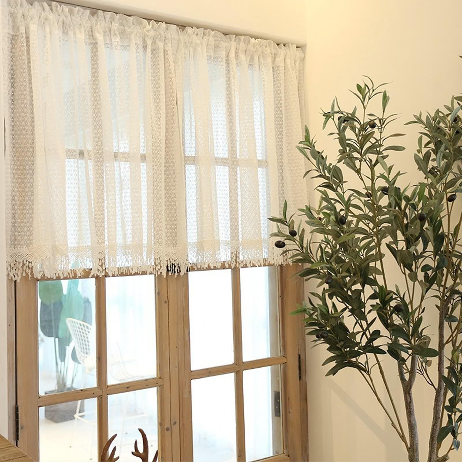 Petit Rideau Voilage, Blanc Rideau Cuisine Moderne Polyester Dentelle À Motifs Floraux LxH 130x130cm