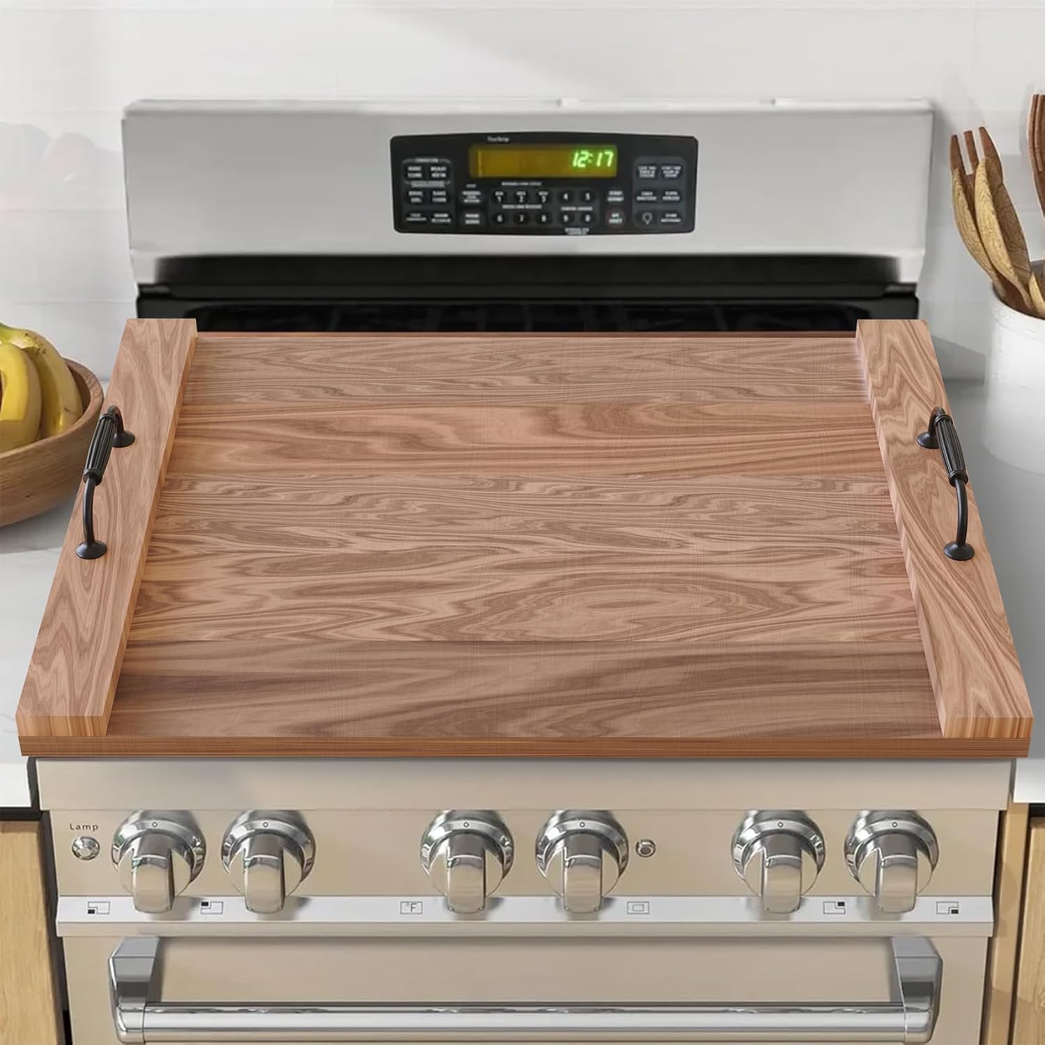 Acacia Wood Stove Top Cover with Handles for Electric Stove, Noodle Cutting Board for Gas Burners/RV Stovetop, Thick Wooden Noodle Board Gas Stove Cover & Juice Grooves for Kitchen Countertop Space
