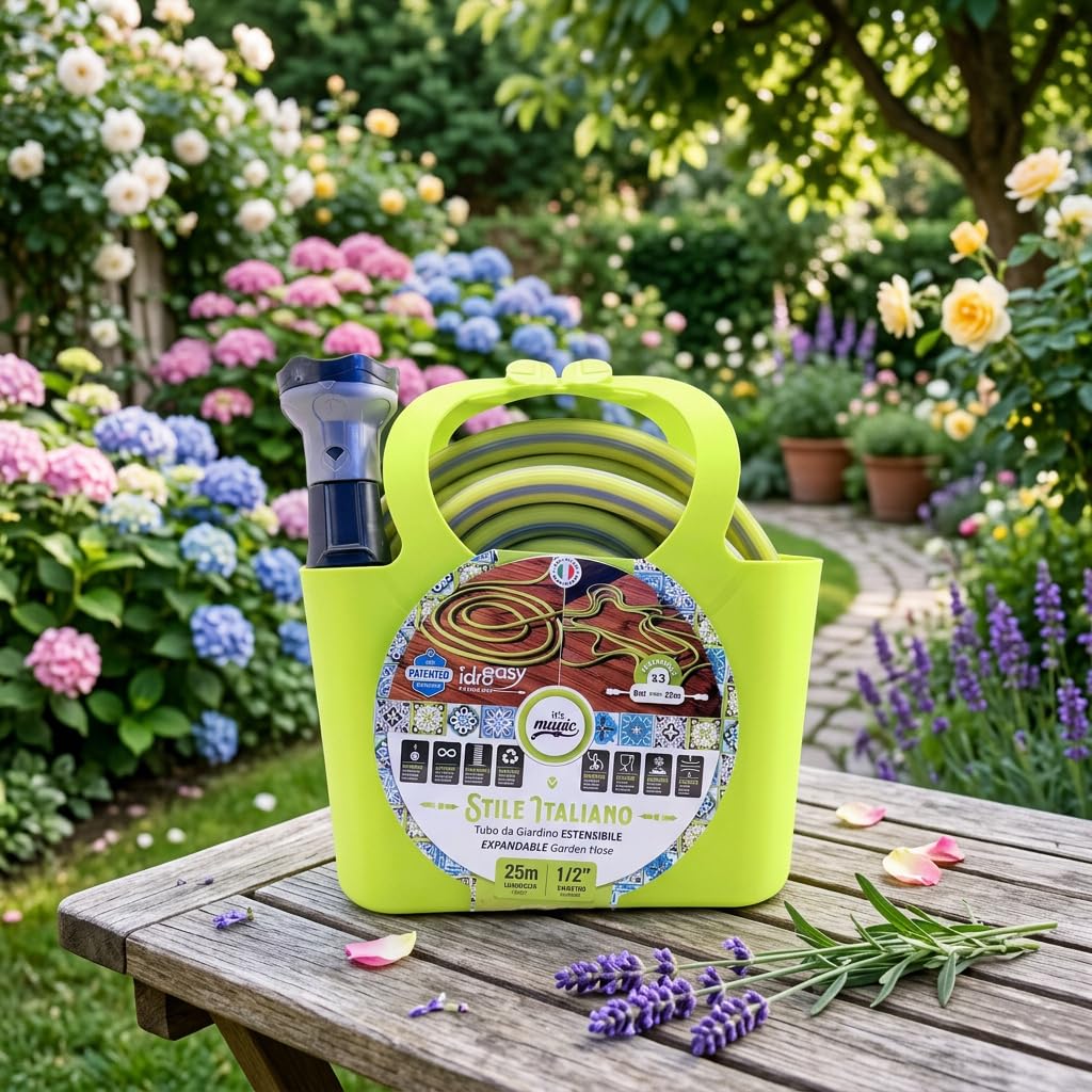 Idroeasy, Tubo Estensibile da Giardino 25 Metri Kit 1/2" con Doccetta, Raccordi e Borsetta, Canna Acqua Estensibile 3x Leggera Anti-Nodo, Tubo Atossico per Terrazzi e Balconi (Lime) Made in Italy