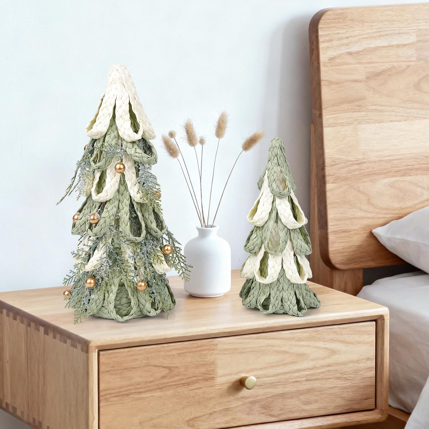 2PCS Hand Woven Christmas Tree Decor, Set of 11.8 Inch and 8.3Inch Tabletop Trees with Golden Berries, Farmhouse Winter Decor for Centerpiece, Mantel, Holiday Home Decorations​