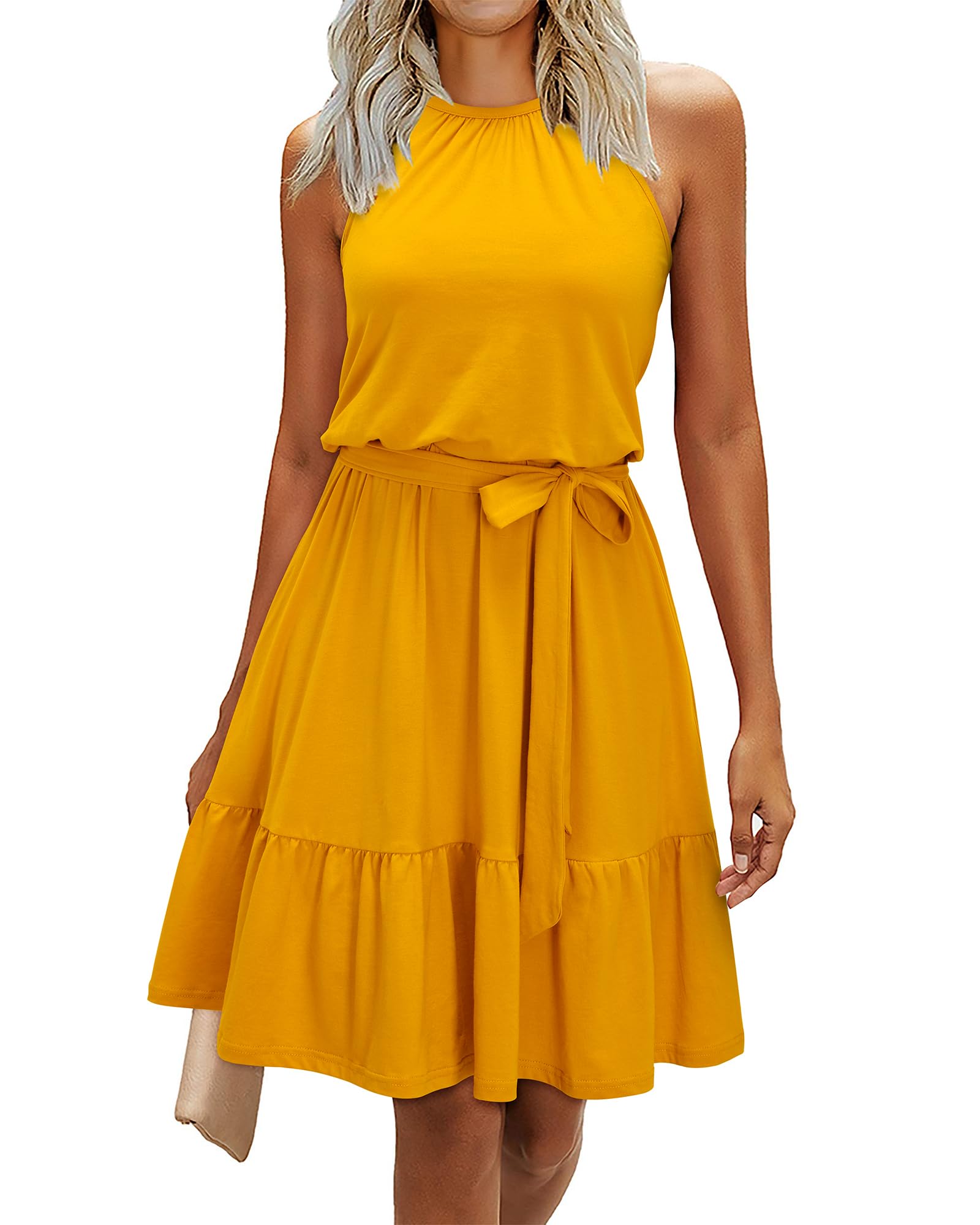 Newshows Sommerkleider Damen Knielang Elegant Kleid Blumenmuster Neckholder Rüschen Freizeitkleider mit Taschen