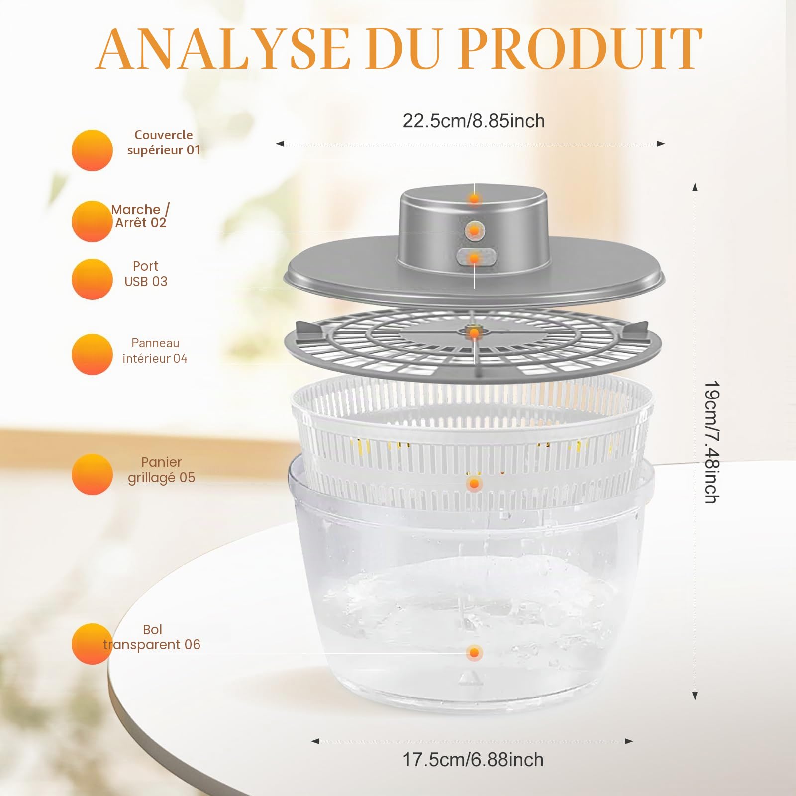 Essoreuse à Salade Automatique, 4000ML Grande Capacité Essoreuse Salade Déshydrateur électrique, saladier pour Servir, Rechargeable par USB mixeur Salade