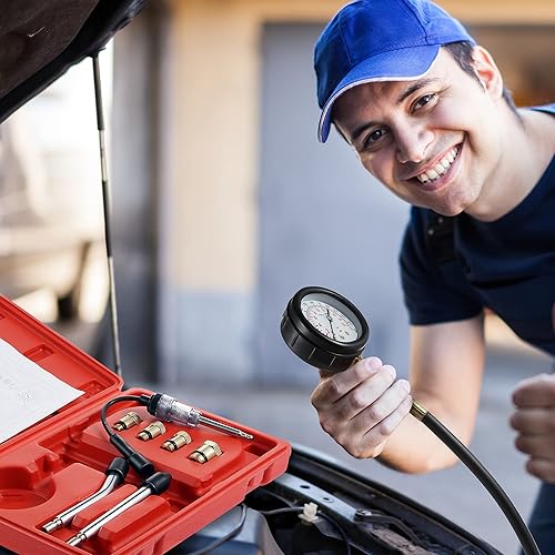 Miniatura 13 de Kit de probador de compresión automotriz de 9 piezas y probador de bujías, herramientas de prueba universales de motor de automóvil y motocicleta