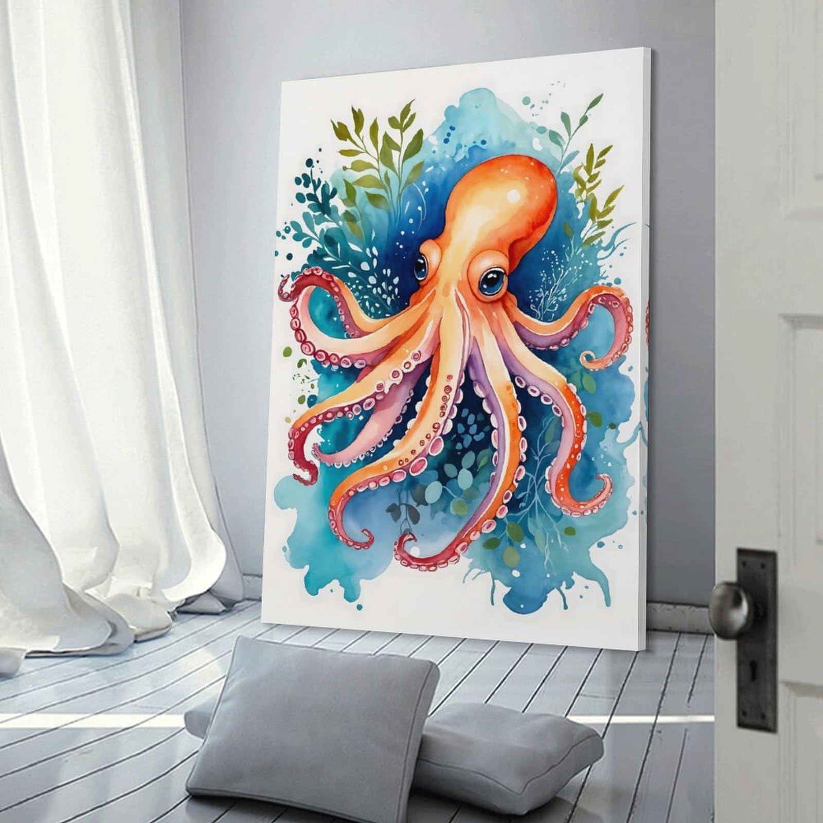 Junmoney Frame-Style-5 Octopus Watercolor Hanging Wall Art, 20X30inch(50X75cm), For Entrance Walls, Hall Decor Or Foyers, Wall Decor To Refresh Empty Corners