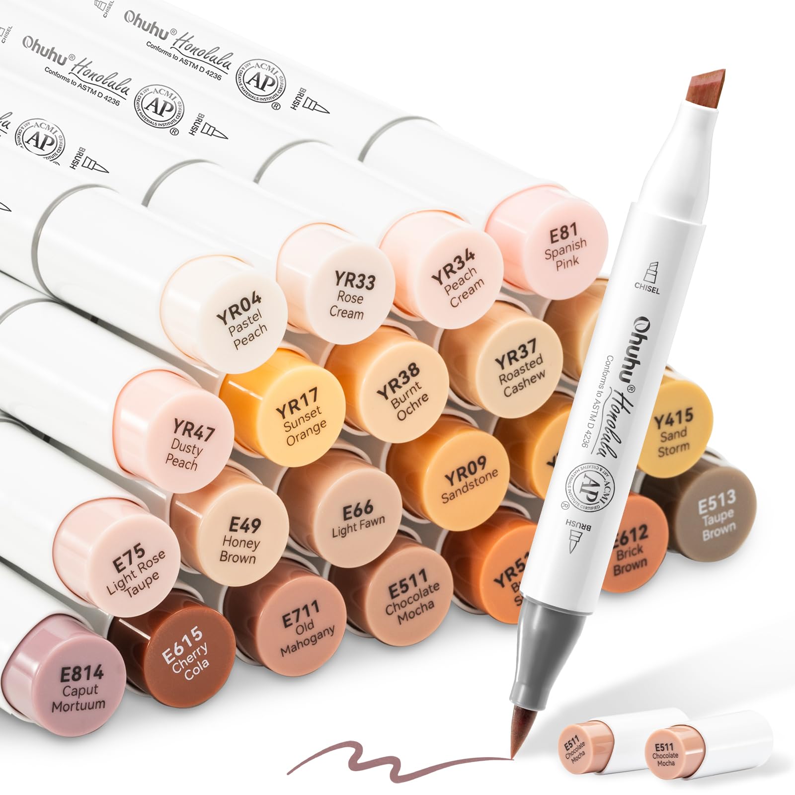 Ohuhu Skin Tone Alcohol Markers Brush Tip - 24 Portrait Color Markers for Artist Adults Coloring Illustration - Chisel & Brush - Honolulu - Refillable Brush & Chisel