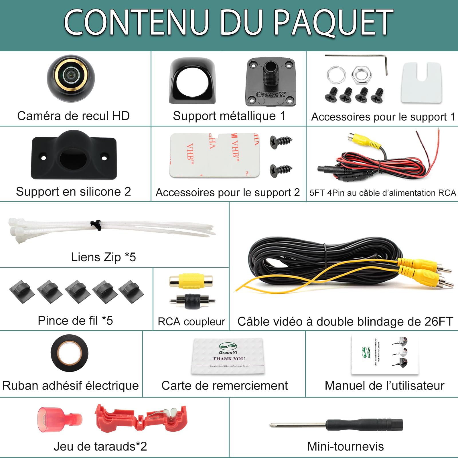 Caméra de recul , GreenAuto AHD 720P caméra de recul pour voiture, SUV, remorque, caravane, van, pick-up, boîtier métallique, objectif fisheye réglable, angle de vision de 170 degrés (Noir)