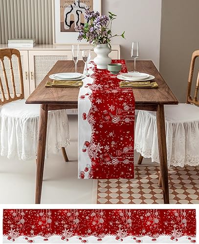 Miniatura 3 de Camino de mesa de lino y algodón de Feliz Navidad, adornos de bolas de Navidad, caminos de mesa rojo nieve para mesa de comedor, decoración de