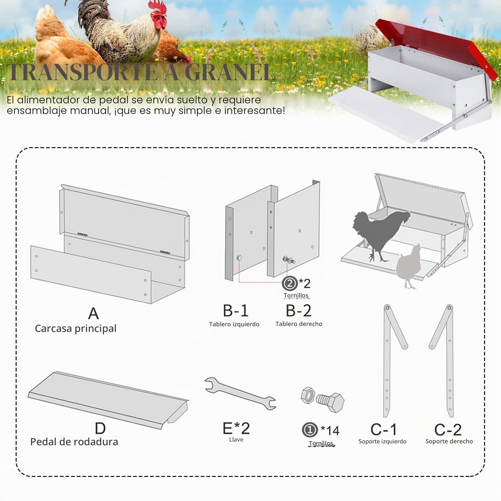 Comedero Automático Para Pollos, Comedero Gallinas Dispensador-Capacidad 5 Kg- Comedero a Prueba de Lluvia Para Pollos, Pavos, Gansos, Patos, Comedero de Pedal