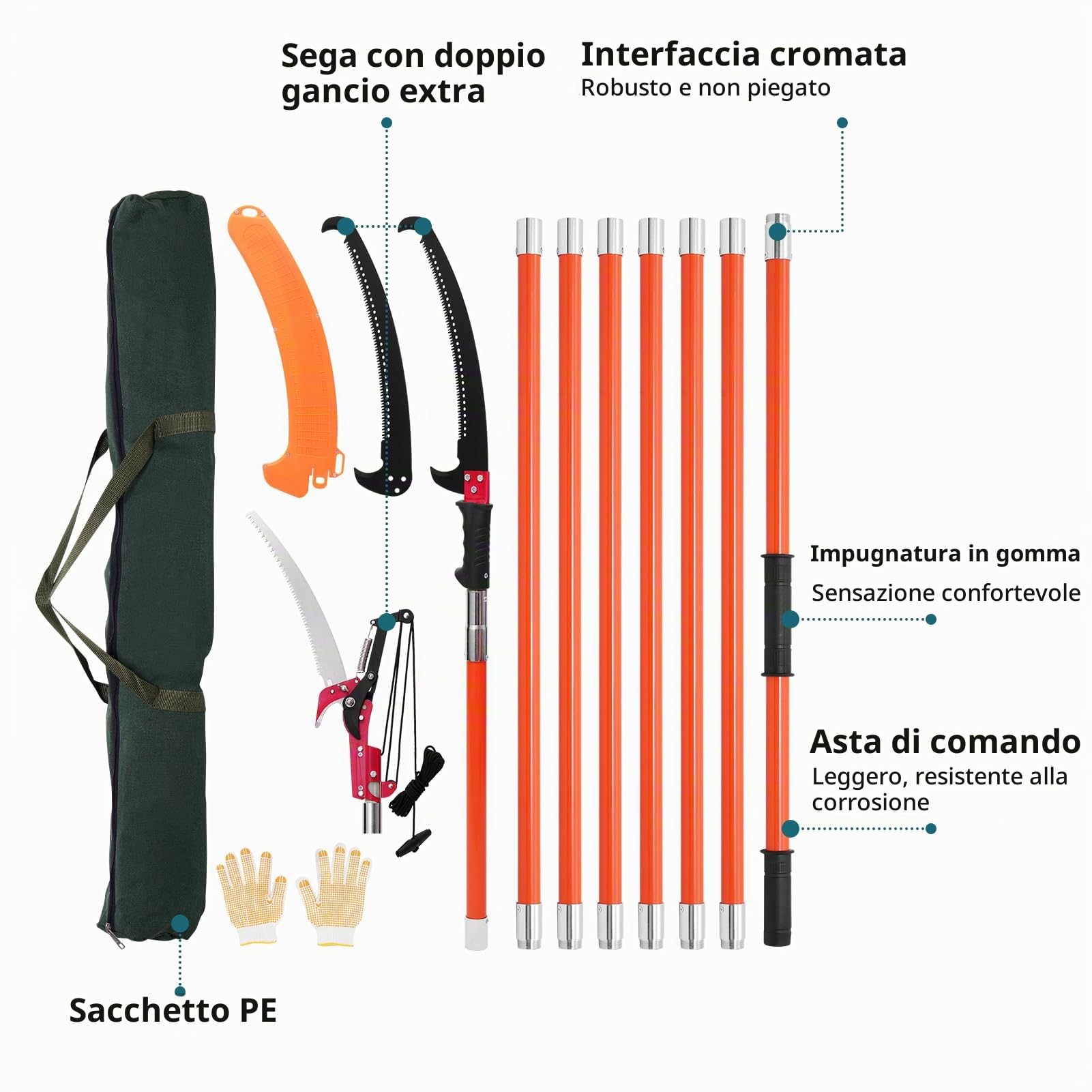 Sega da potatura con manico telescopico, 8 m, altezza regolabile, 2,24 m, 8,24 m, lama in acciaio al carbonio con borsa per il trasporto e 2 lame fino a 10 m di altezza di lavoro, manuale Pole