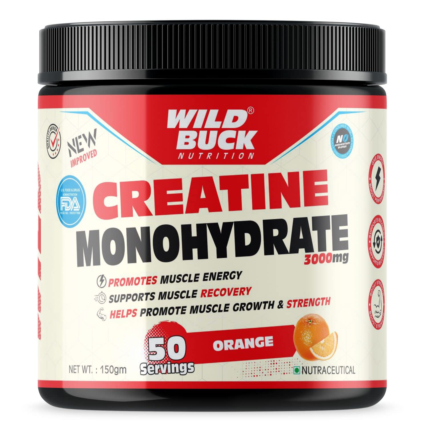 WILD BUCK Creatine Monohydrate, Strength, Reduce Fatigue, 100% Pure Creatine, Lean Muscle Building, Recovery | Muscle Builder, Energy Support Supplement [50 Servings, Orange], Powder