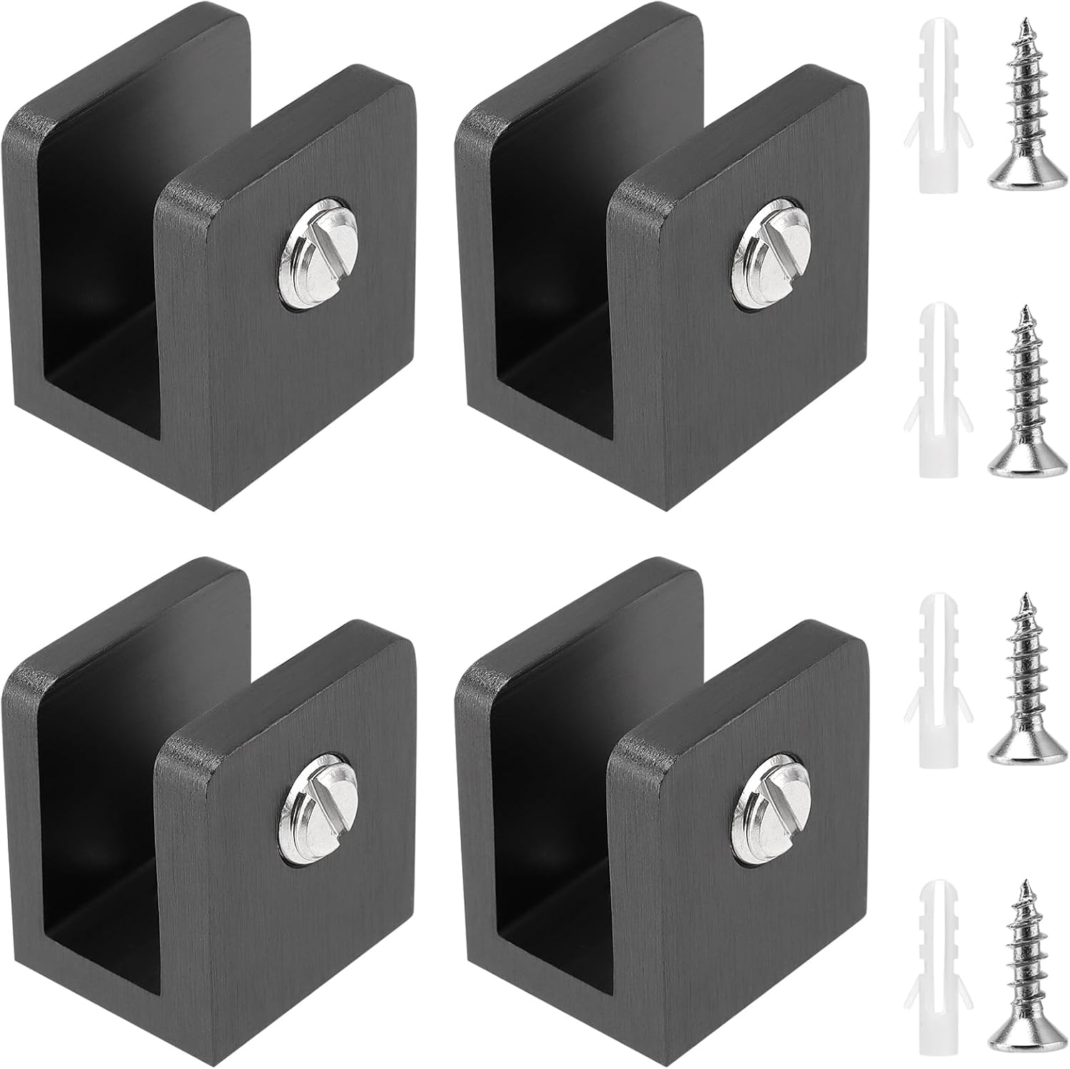 4 PCS Glass U-Clamps, Wall Mount Clamps for 5/16-3/8 inch Glass Shelves, Square Glass Clips, Glass Shelf Brackets for Glass Plates, Bathroom Clips Holder Support Hardware, Black