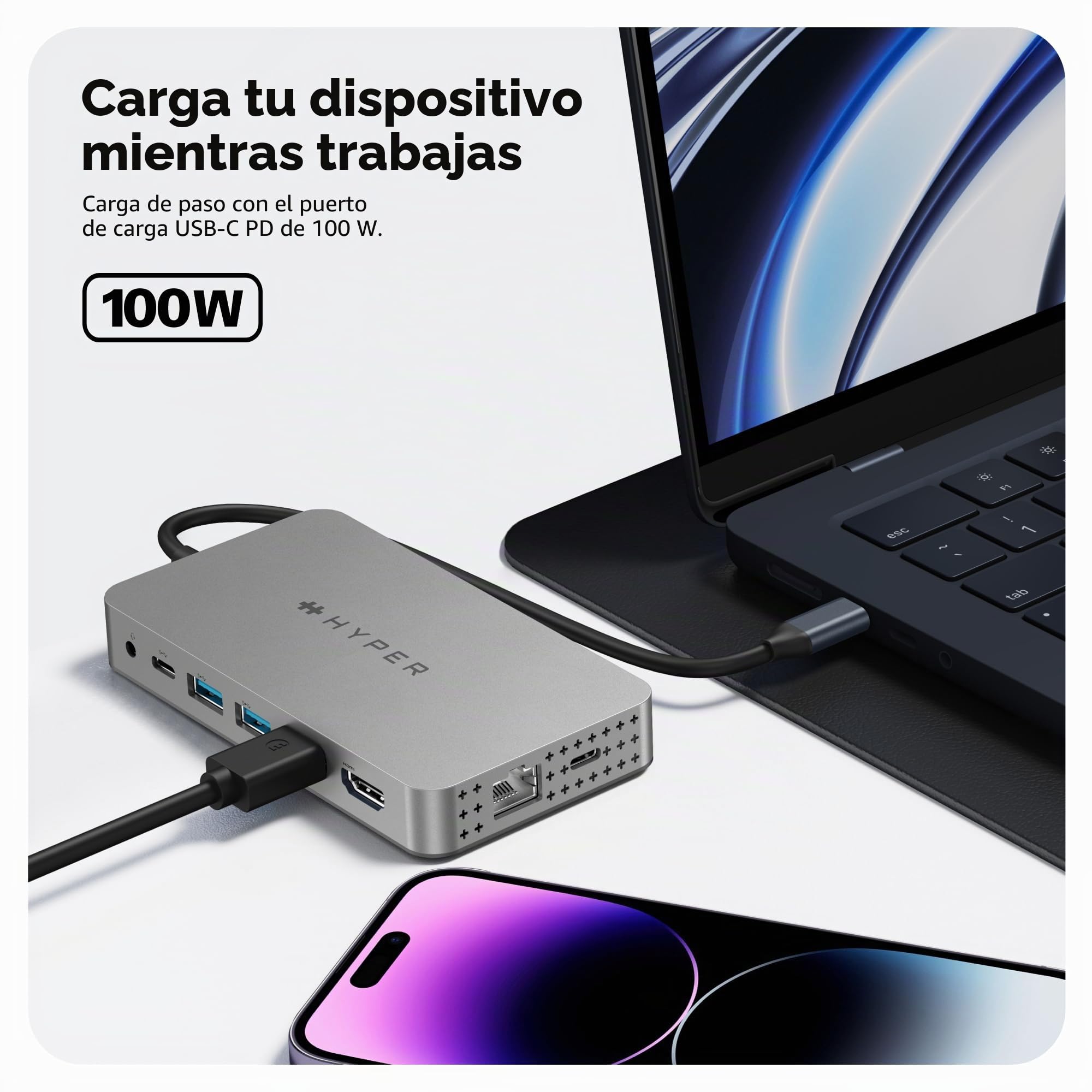 Hyper HDM1H-GL Hub USB-C HyperDrive Dual 4K HDMI 10 en 1 para MacBooks M1/M2 con 10 Puertos Esenciales - Plata