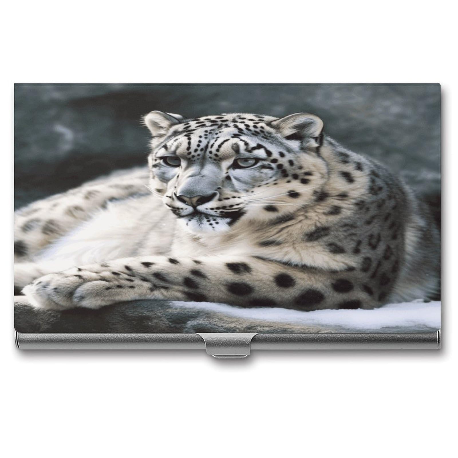 JTREHY Snow Leopard Business Card Holder Slim Purse Name Card Holder Portable Metal Business Card Case Wallet Large Capacity Lightweight Business Card Case for Men Women