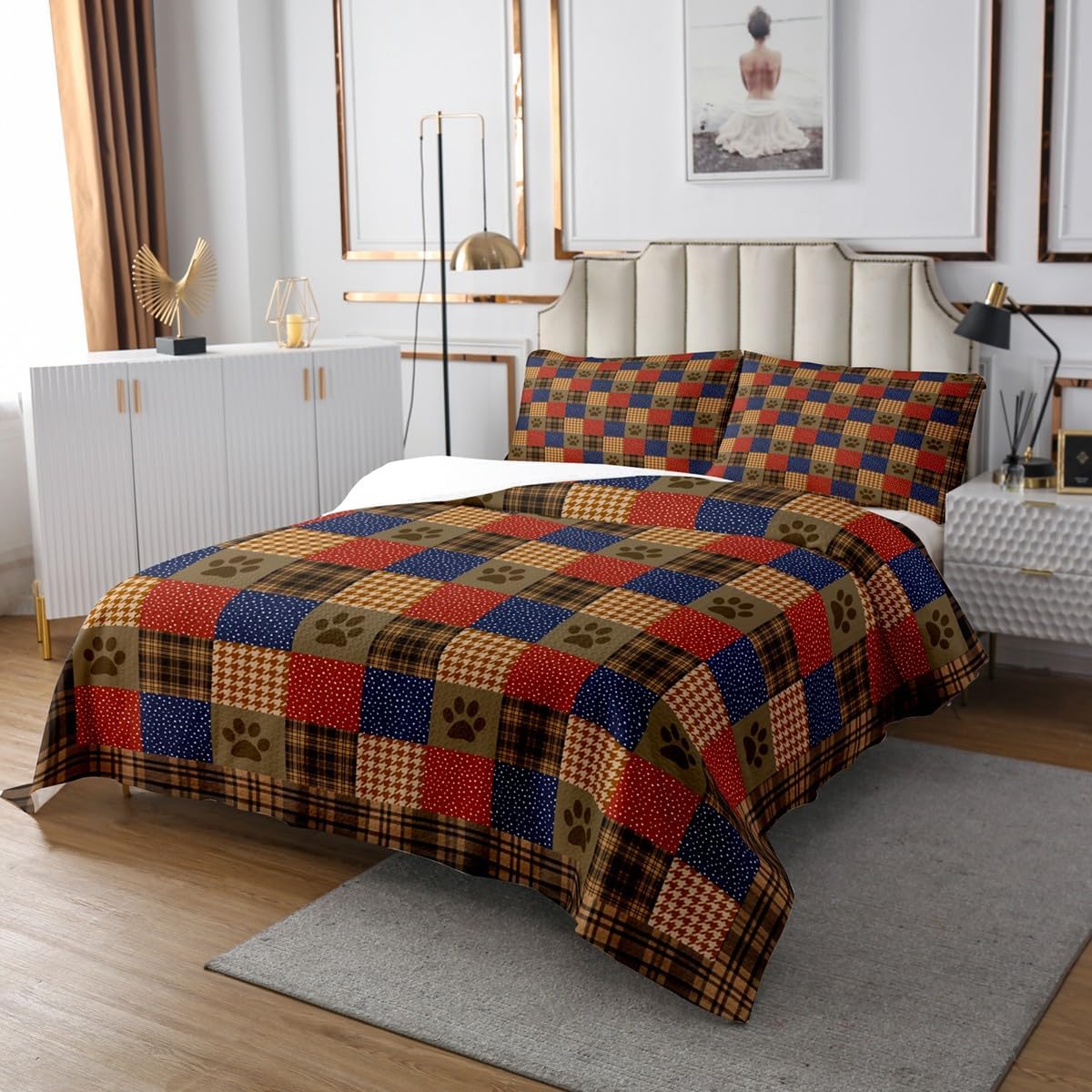 Manfei Dog Paw Print Bedspread King Size, Animal Footprint Coverlet Set 3pcs for Kids Boy Girl Room Decor, Grid Plaid Patchwork Quilted Coverlet with 2 Pillowcases, Soft Polyester Bedding Quilt
