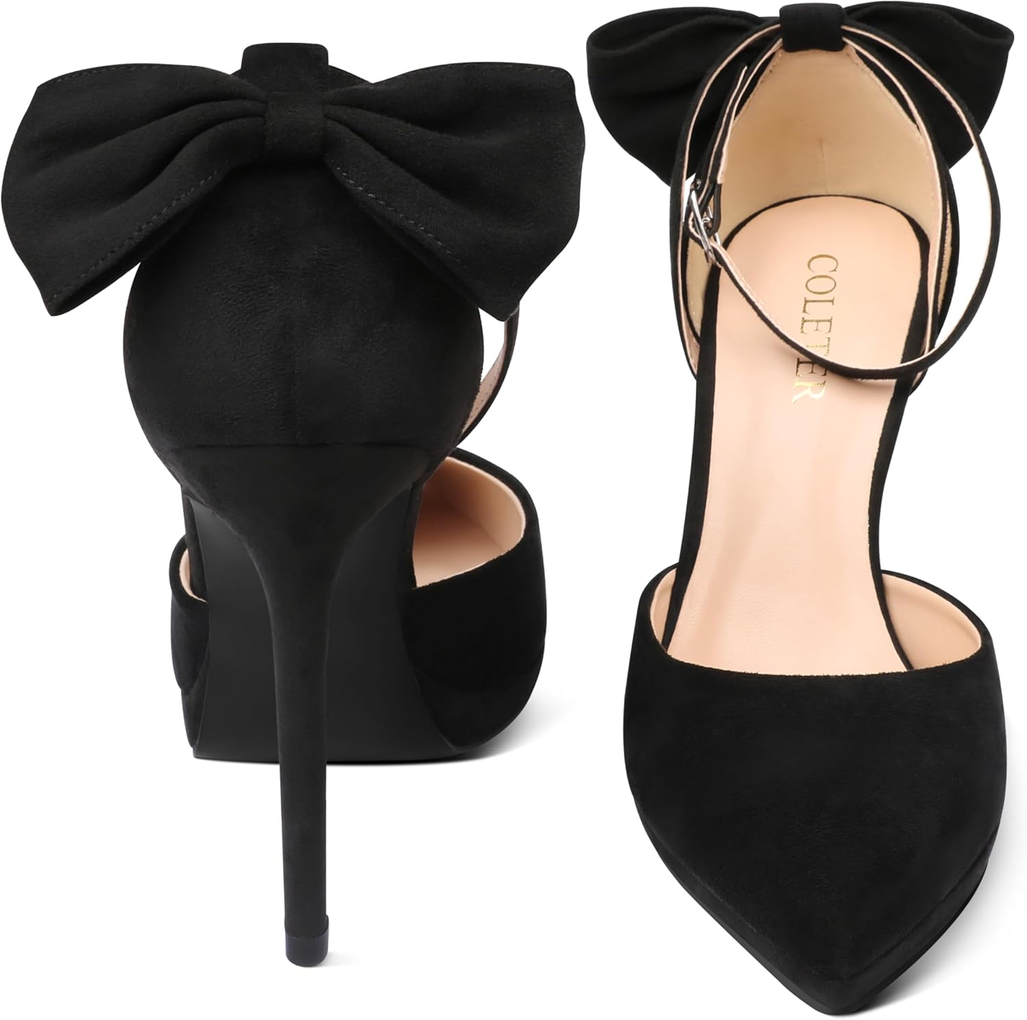 COLETER Women's Bowknot High Heels Platform D'Orsay Pumps Pointed Toe Stiletto Heels Ankle Strap Wedding Shoes - Image 6