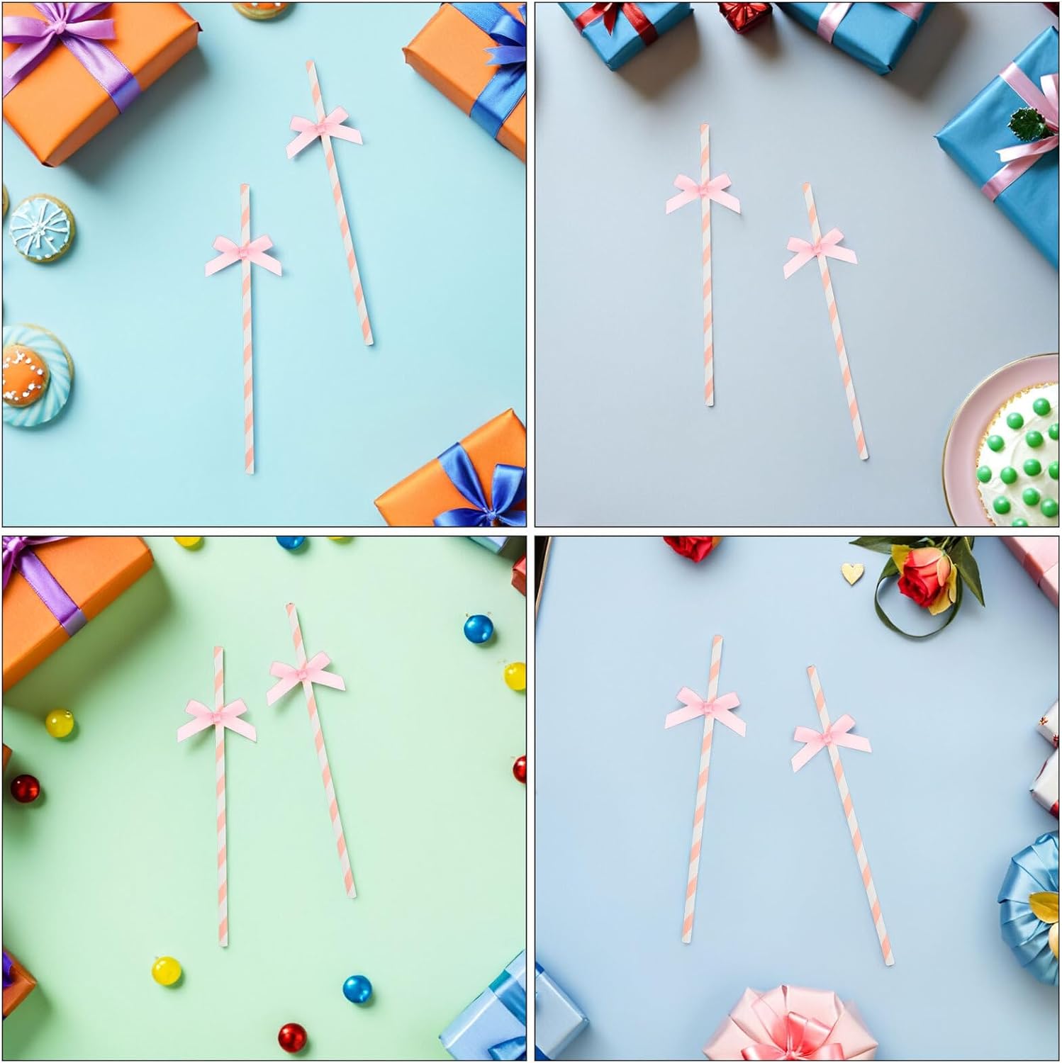 100pcs Pink Bow Paper Straws Creative Disposable Birthday Party Decorations Biodegradable Paper Drinking Straws with Bow Tie Toppers for Cake and Beverage