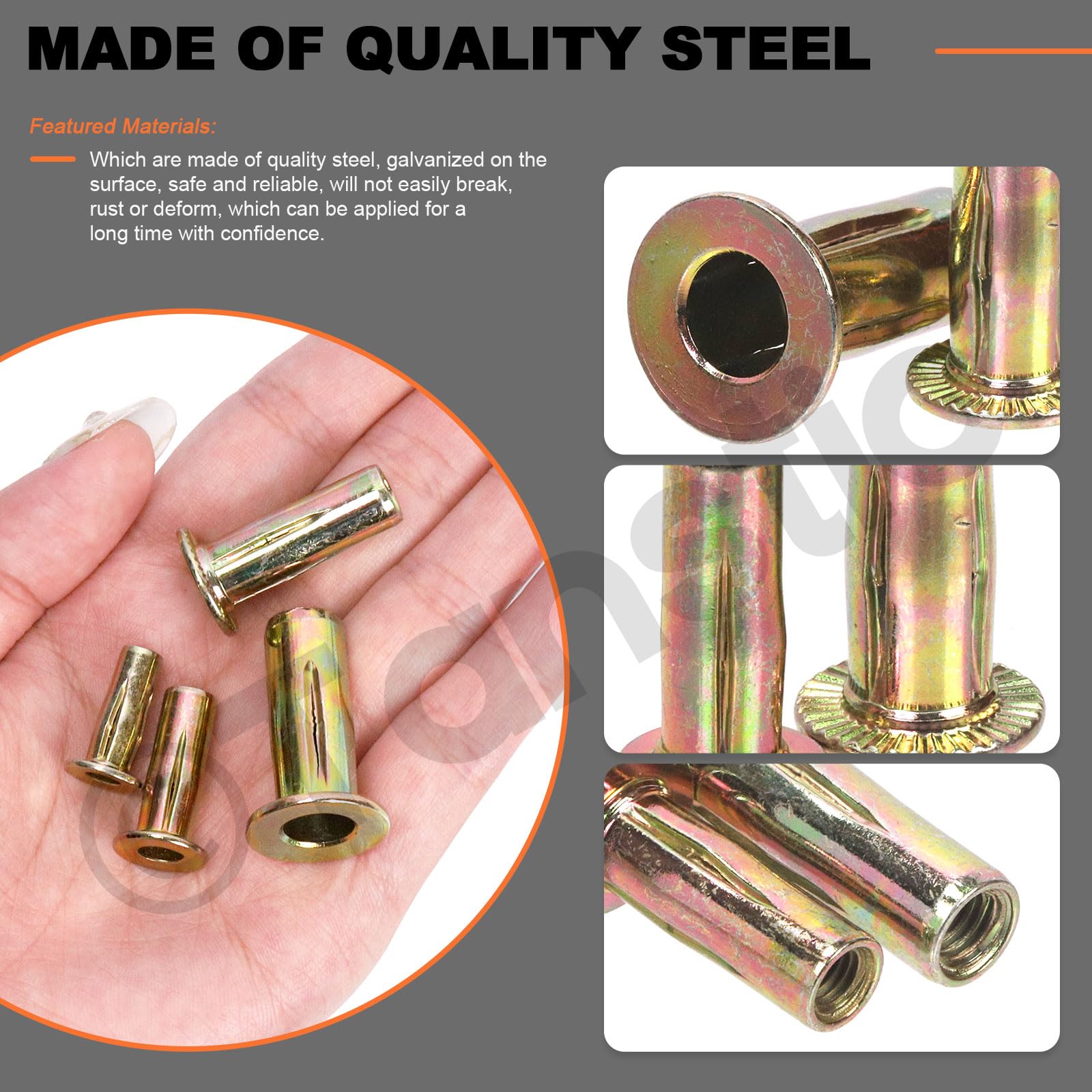 Tanstic 34Pcs Multi-Grip Rivet-Nut Kit, Zinc-Plated Steel Pre-Bulbed Shank Threaded Insert Flat Head Insert Nut (M8) - Image 4
