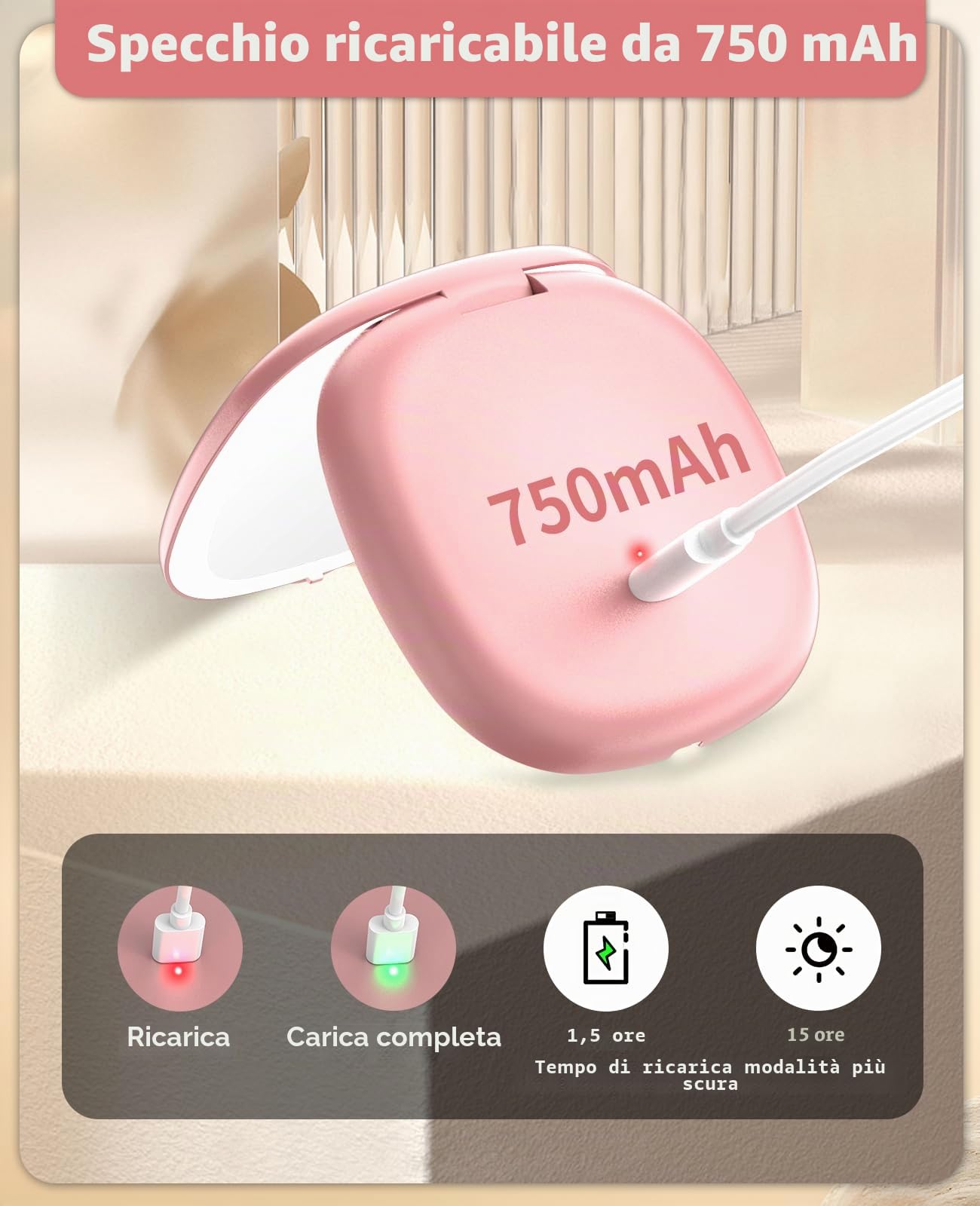 WOBSION Specchio Portatile con Luce Led per Trucco,USB Ricaricabile Specchietto da Viaggio 10X / 1X ingranditore,Regolabile Luminosità Mirror da Borsetta,a Specchi illuminato Bifacciale,Oro Rosa