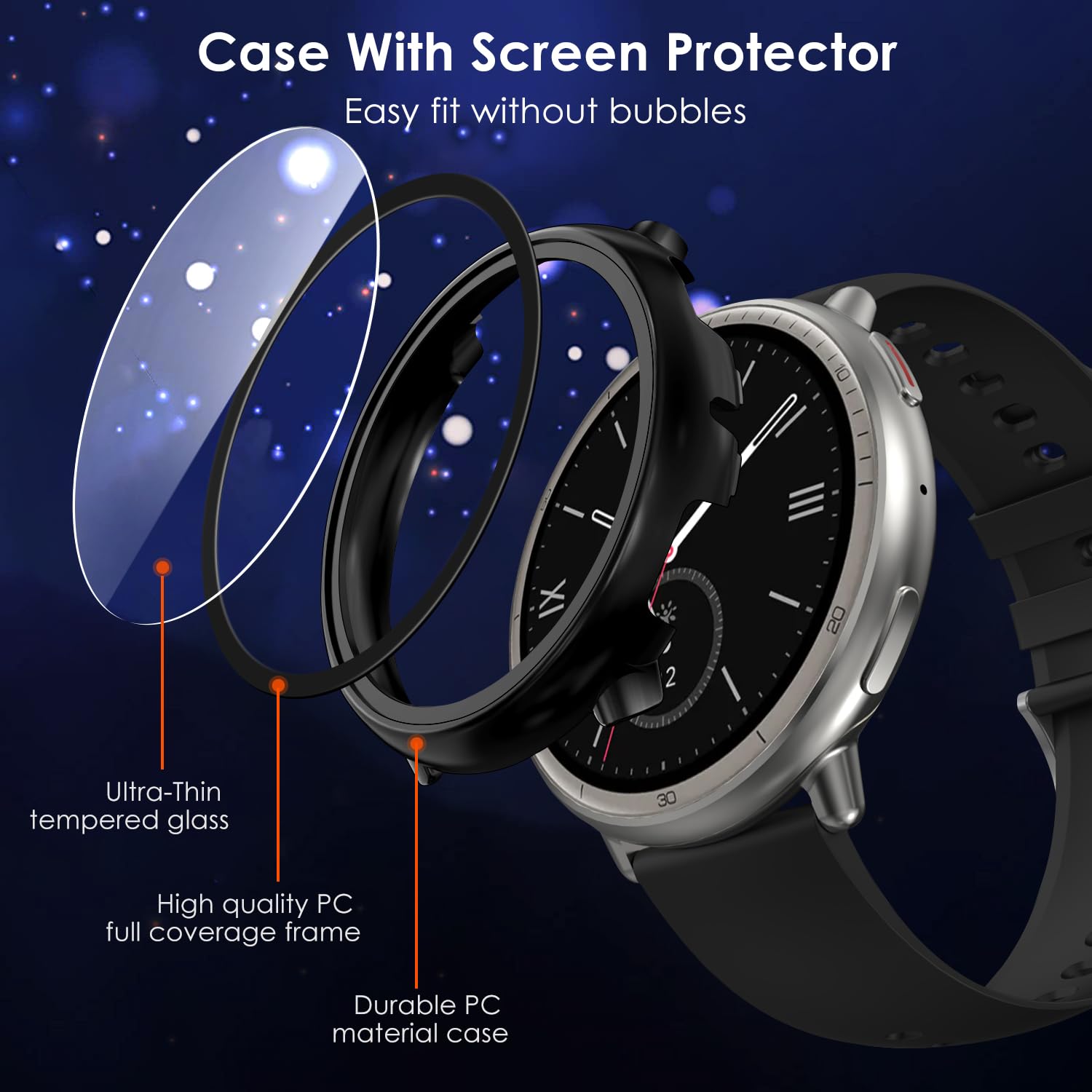 ivoler 3-pak twardych etui PC z osłoną ekranu ze szkła dla Amazfit Active 2, pełne pokrycie etui ochronne, ultracienkie etui ochronne odporne na zarysowania, 2 przezroczyste + 1 czarne