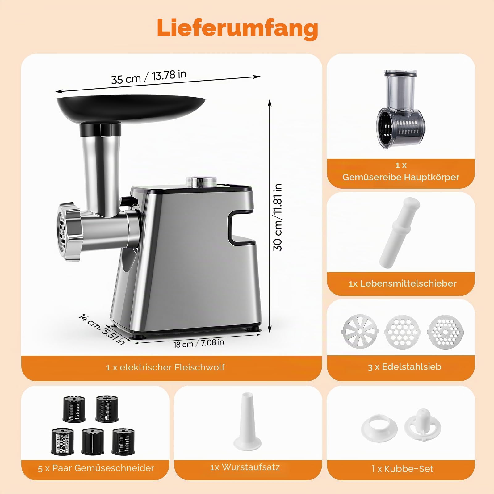 Fleischwolf Elektrisch 2800W, Küchenmaschine mit Gemüseaufsätzen und Käsereibe, 5-in-1 Multizerkleinerer mit Wurstaufsatz und Fleischballen-Set für Fleisch Gemüse Käse