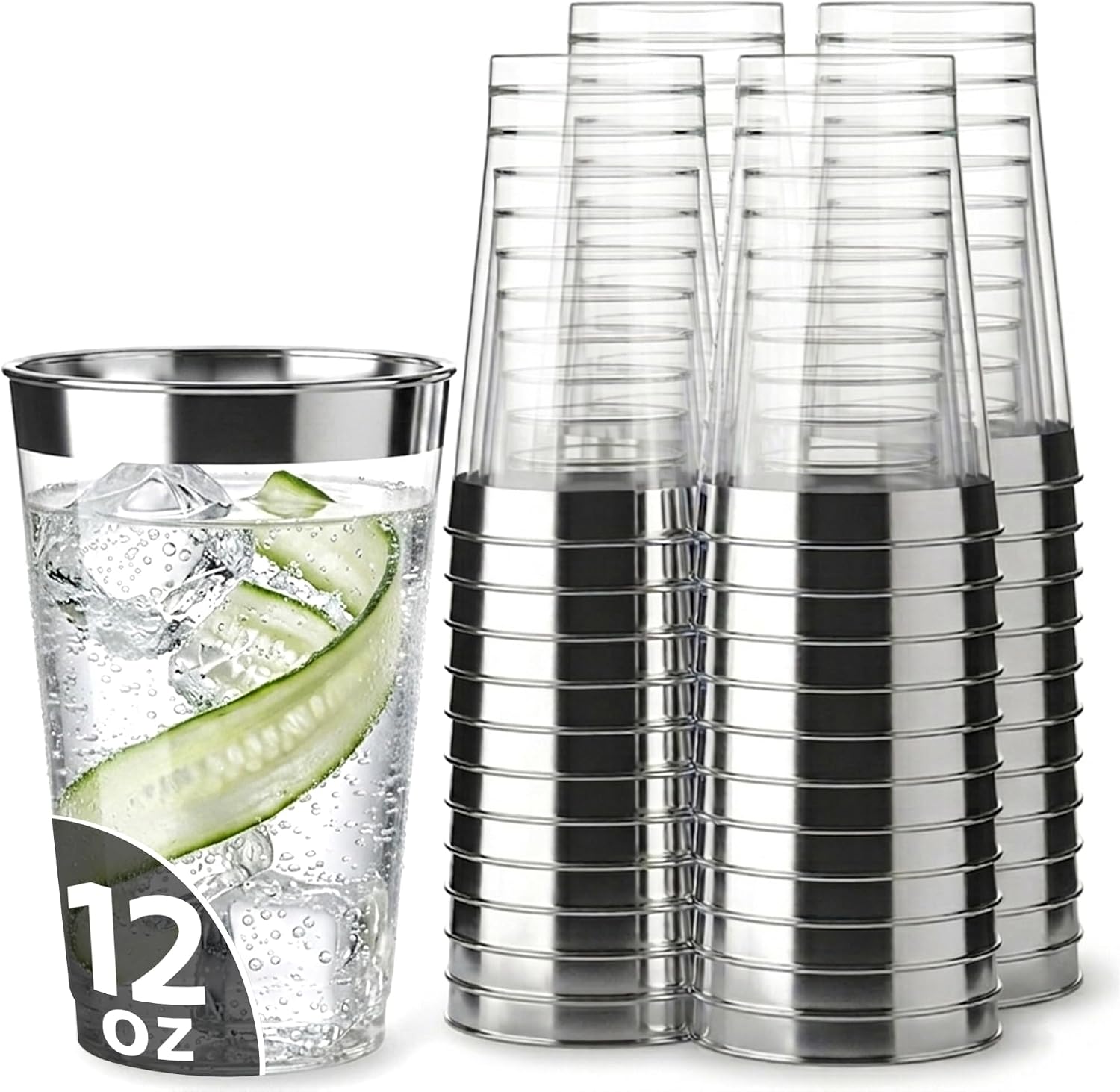 Byvivace 12oz Plastic Cups with Silver Rimmed, Sturdy & Food Safe Disposable Wine Glasses Party Cups Hard Plastic Cocktail Glasses for Wine, Juice, Cocktails and Cold Beverages [100 Pack]