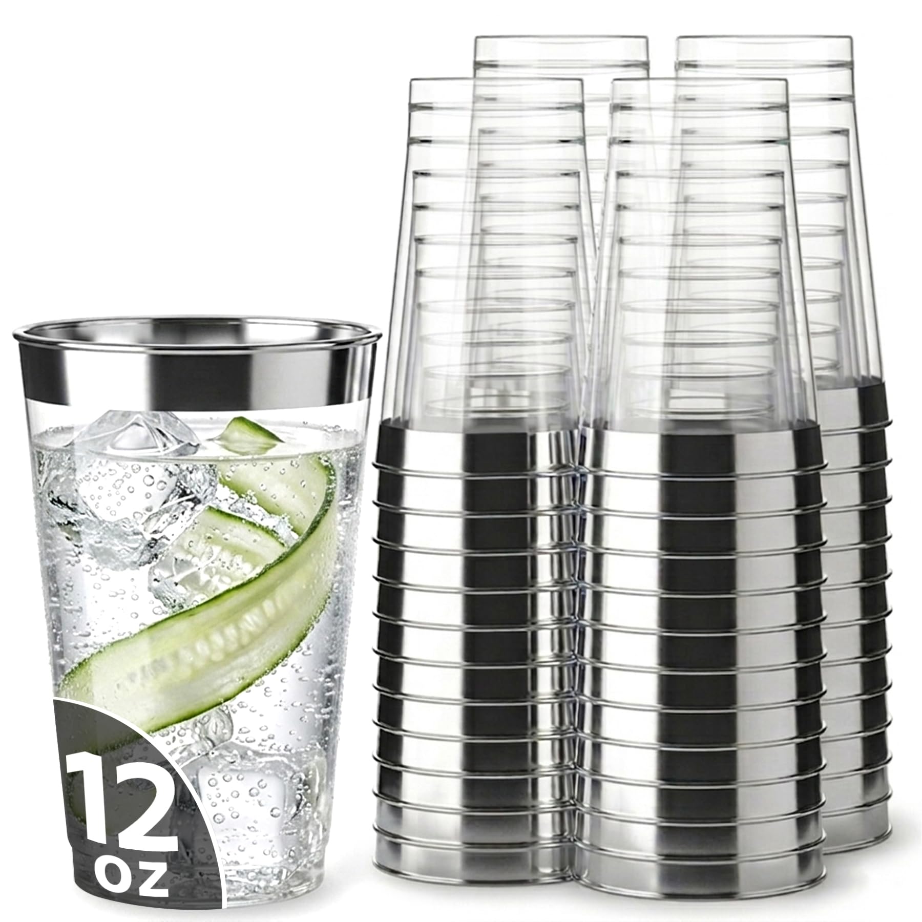Photo 1 of Byvivace 12oz Plastic Cups with Silver Rim, 100 Pack