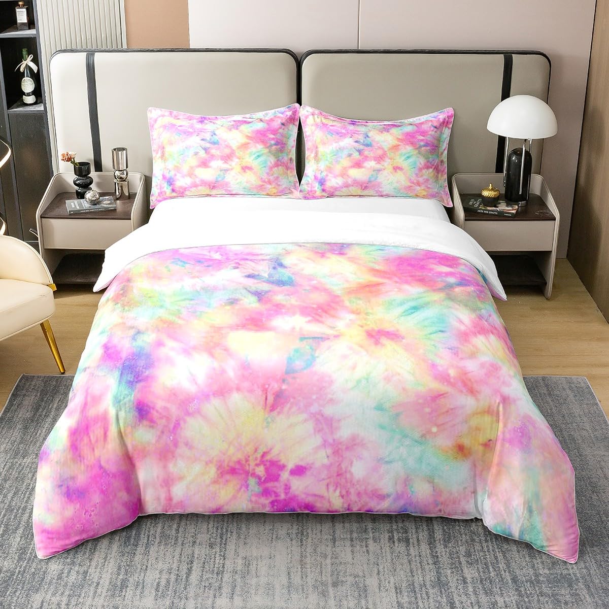 Kinder Krawatte Dye Rosa 100% Baumwolle Bettbezug 135x200 für Mädchen Batik Bettwäsche Set Trippy Zigeuner Pastell Tröster Abdeckung Aquarell Psychedelic Quilt Cover mit 1 Kissenbezug Zimmer Dekor